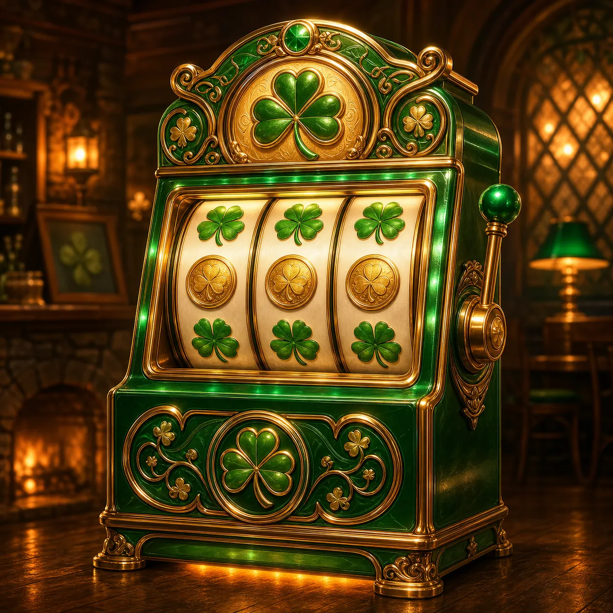 Rozświetlony bęben automatu z symbolami koniczyny i złotych monet — Irwin Casino